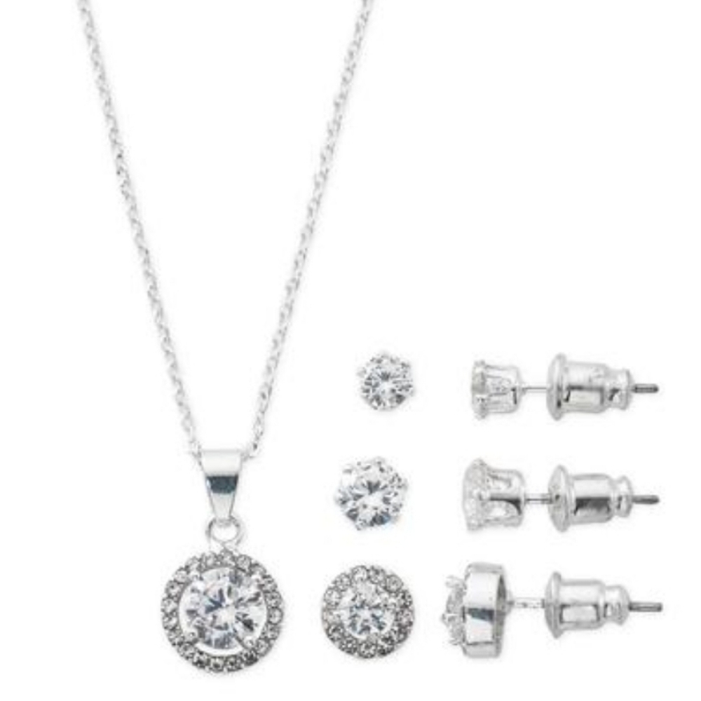 Silver Plate Cubic Zirconia Pave Pendant Necklace &  Stud Earring Set